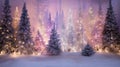 Decorated Christmas tree with garland lights in winter night forest fantasy landscape background. Happy New Year, Marry Royalty Free Stock Photo