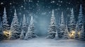 Decorated Christmas tree with garland lights in winter night forest fantasy landscape background. Happy New Year, Marry Royalty Free Stock Photo