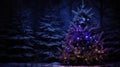 Decorated Christmas tree with garland lights in winter night forest fantasy landscape background. Happy New Year, Marry Royalty Free Stock Photo