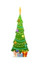 Decorated Christmas tree with gift boxes, star, lights, decoration balls and lamps.