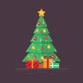 Decorated Christmas tree with gifts. Design for decoration poster, postcard. Flat vector.