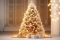 Decorated Christmas tree with golden patchwork ornament artificial gold balls and big gift presents for new year Royalty Free Stock Photo