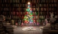 Decorated Christmas tree in the library with old books, Holidays in Bookstore concept 3d render Royalty Free Stock Photo