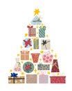 Decorated Christmas tree made of gifts and stars simple hand drawn cartoon vector illustration Royalty Free Stock Photo