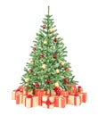 Decorated Christmas tree with many gift boxes