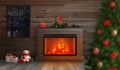 Decorated Christmas tree nad fireplace in room. Evening Christmas scene with decorations and gifts