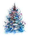 Decorated christmas tree New year Watercolor illustration