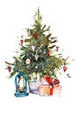 Decorated christmas tree New year Watercolor illustration Water color drawing