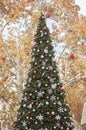 Decorated Christmas tree outside. Tree decorated with red, white and silver ball ornaments, white snowflake ornaments and small Royalty Free Stock Photo