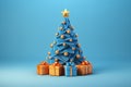 Decorated Christmas tree with presents for New Year on blue background. Merry Xmas gift box under fir tree decoration with golden Royalty Free Stock Photo