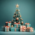 Decorated Christmas tree with presents for New Year on green background. Merry Xmas gift box under fir tree decoration with golden Royalty Free Stock Photo