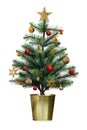 Decorated christmas tree with red and golden ball in the golden pot isolated on white background Royalty Free Stock Photo