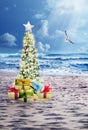 Decorated Christmas tree on sandy beach over sea Royalty Free Stock Photo