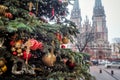 Decorated Christmas tree and St. Nicholas Roman Catholic Cathedral in Kyiv, Ukraine