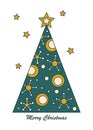 Decorated Christmas tree . Stylized space Stars, planets, and galaxies. Hand drawn Vector black illustration on a white background Royalty Free Stock Photo