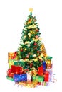 Decorated Christmas tree surrounded by colorful presents. Isolated on white. Royalty Free Stock Photo