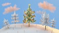 Decorated christmas tree on tiny planet 3D render