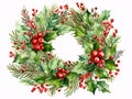 Decorated Christmas wreath with green leaves and red berries.