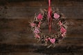 Decorated Christmas Wreath Red White Cloth Hearts Old Rustic Background Royalty Free Stock Photo