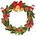 Christmas wreath decorated with bells, bows, berries and cones. Vector illustration Royalty Free Stock Photo