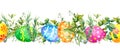 Decorated colored Easter eggs hidden in spring green grass. Watercolor repeated border