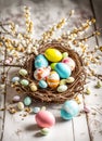 Decorated colorful Easter eggs and catkins spring arrangement on old table