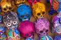 Decorated colorful skulls, ceramics death symbol at market, day of dead, Mexico Royalty Free Stock Photo