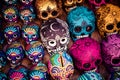 Decorated colorful skulls, ceramics death symbol at market, day of dead, Mexico Royalty Free Stock Photo