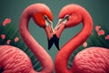 Decorated with couple of pink flamingo birds making a heart with their heads. Image to use as Valentine card. Generative AI Royalty Free Stock Photo
