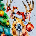 Deer in winter next to Christmas tree. AI generated. Illustration