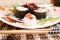 Decorated delicious sushi on table Royalty Free Stock Photo