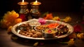 Decorated diwali puja thali with offerings