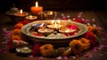 Decorated diwali puja thali with offerings