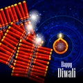 Decorated diya with cracker for Happy Diwali holiday background Royalty Free Stock Photo