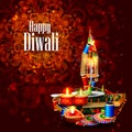 Decorated diya with cracker for Happy Diwali holiday background Royalty Free Stock Photo