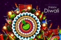 Decorated diya with cracker for Happy Diwali holiday background Royalty Free Stock Photo