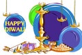 Decorated diya with cracker for Happy Diwali holiday background Royalty Free Stock Photo