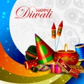 Decorated diya with cracker for Happy Diwali holiday background Royalty Free Stock Photo