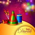 Decorated diya with cracker for Happy Diwali holiday background Royalty Free Stock Photo