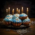 Decorated with donuts stars and candles in the background. Hanukkah as a traditional Jewish holiday Royalty Free Stock Photo