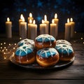 Decorated with donuts stars and candles in the background. Hanukkah as a traditional Jewish holiday