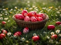 decorated dyed easter eggs in wicker basket spring landscape with flowers and green grass Royalty Free Stock Photo