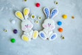 Decorated Easter Bunny Cookies Colorful Candies Camomiles on a w