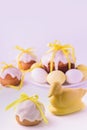 Decorated easter cakes and eggs in yellow colors. Selective focus