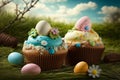 Decorated Easter cupcakes with colourful eggs with meadow on background. Generative ai