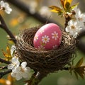 Decorated Easter Egg in a Bird\'s Nest Among Cherry Blossoms. Royalty Free Stock Photo