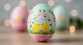 Decorated Easter egg featuring a pastel design with two yellow chicks among pink flowers Royalty Free Stock Photo