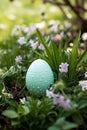 Decorated Easter egg nestled among spring flowers. AI Generated