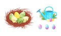 Decorated Easter Egg Rested in Nest and Near Watering Can in the Garden as Holiday Symbols Vector Set