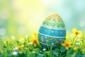 A decorated easter egg rests amidst springtime blossoms in a verdant meadow. Generative AI Royalty Free Stock Photo